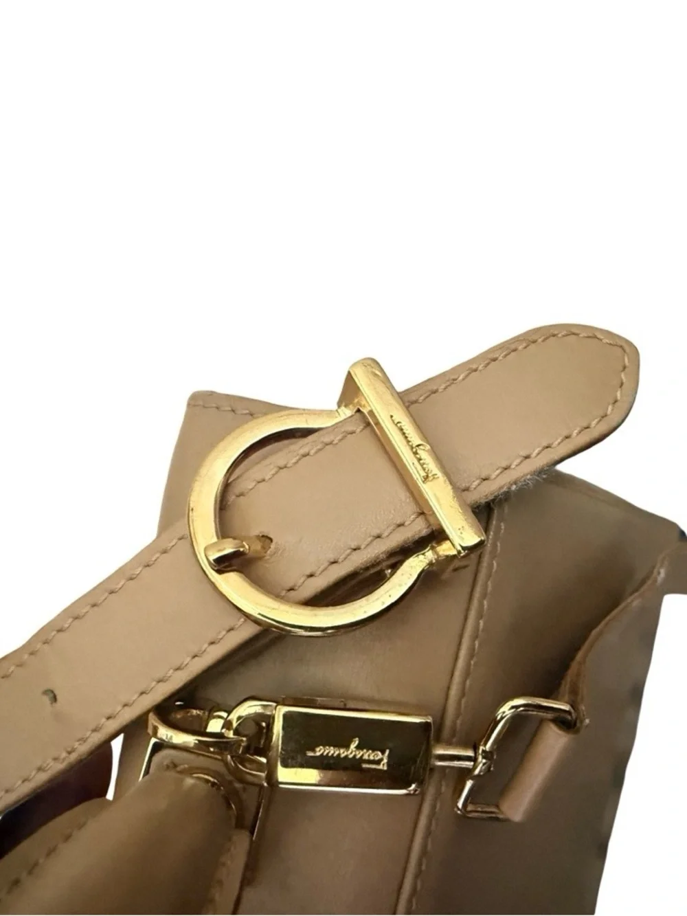 Vintage Salvatore Ferragamo Gancini Tan Leather Top Handle Shoulder Bag
